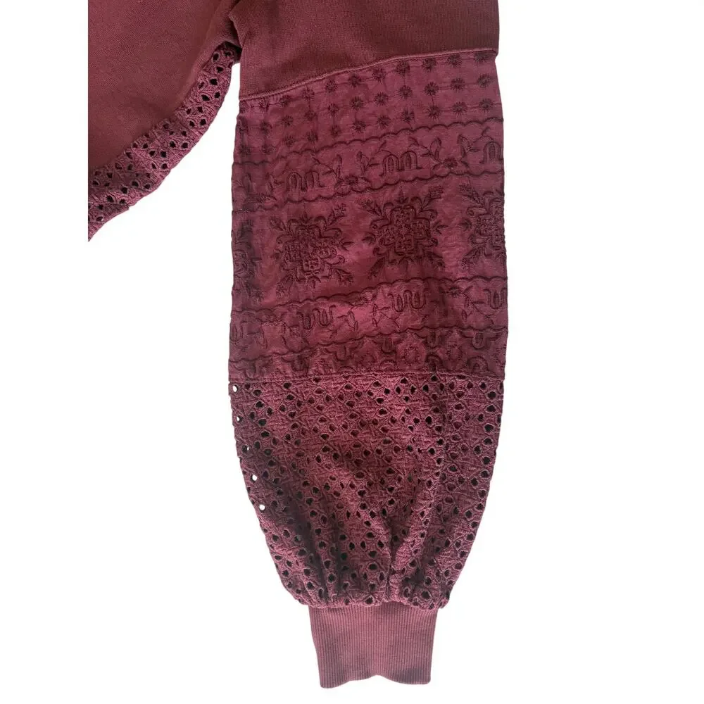 Anthropologie Pilcro Burgundy Knit & Eyelet Sweatshirt Women Size M Oversized